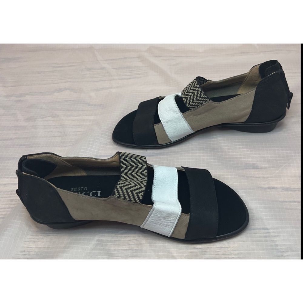 Sesto Meucci Elise Taupe Nabuk Open Toe Sandals Brown Black Leather Size 7 - Picture 8 of 13